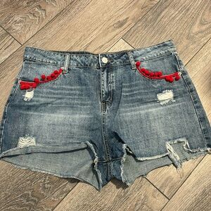 Denim Shorts with Red Pocket Detail